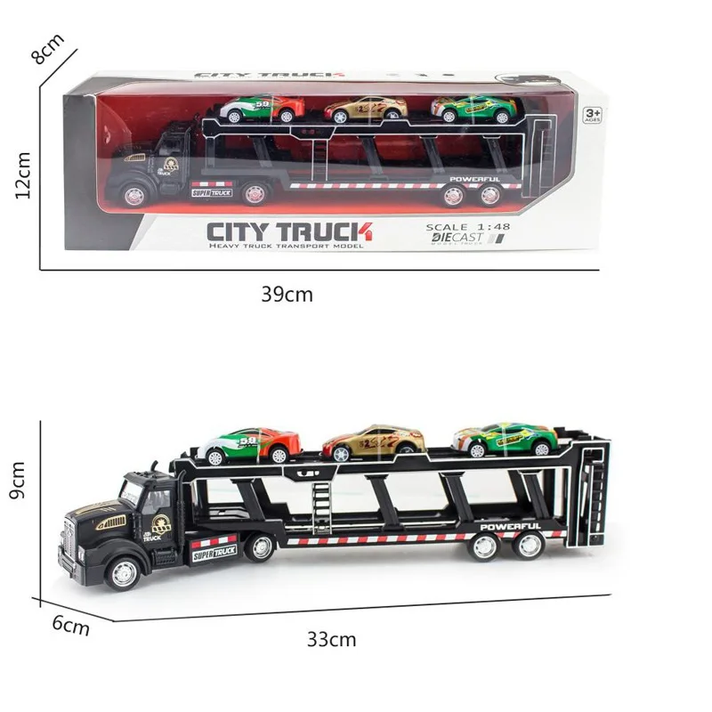 Die Cast Metal Pull Back Transport Toy Car Carrier Truck 1:48 Scale Double-decker Trailer With 3 Pcs Mini Toy Cars