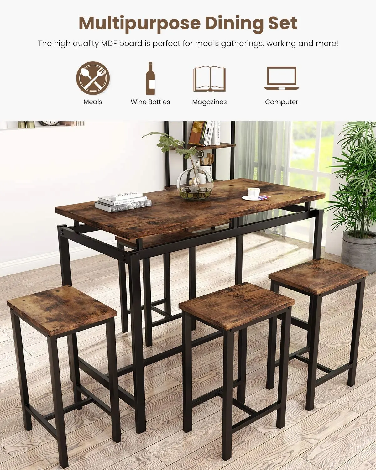 Modern Kitchen Table and Chairs for 4, Wood Pub Bar Table Set Perfect for Breakfast Nook Small Space Living Room