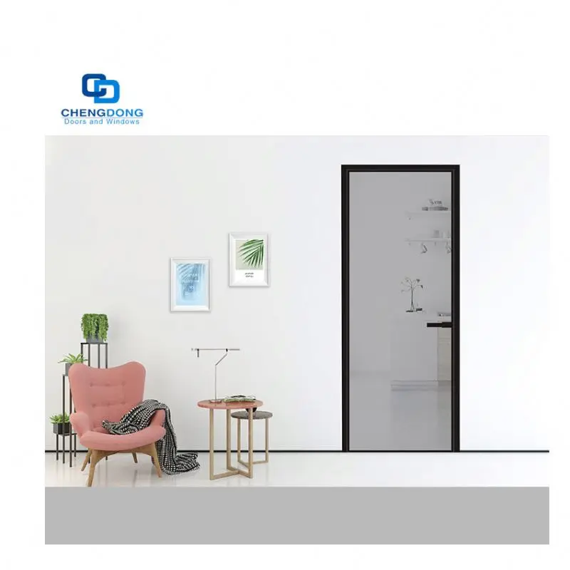 Crittall Modern Black Metal Narrow Frame Interior Stained Glass Aluminum Hinged Swing French Single Door For Office