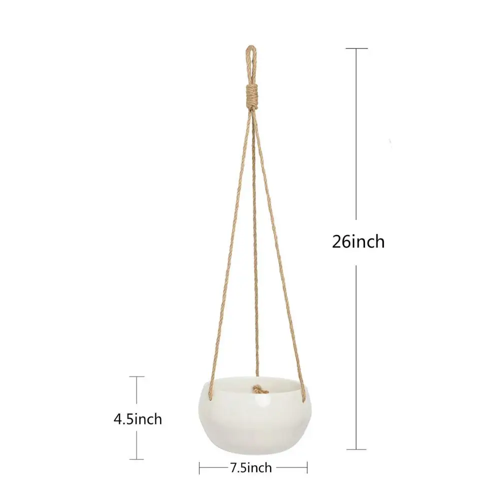 Home Decor Ceramic Hanging planter with Drainage Holes Morden White Hanging Plant Pot with Hooks,7.5 Inch