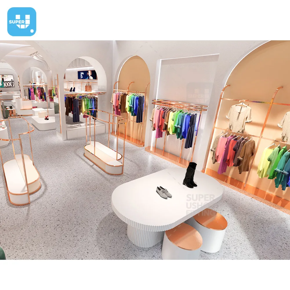 Custom Stainless Steel Girl Boutique Clothing Store Display Interior Design Hot Retail Gold Decor Clothing Display Rack