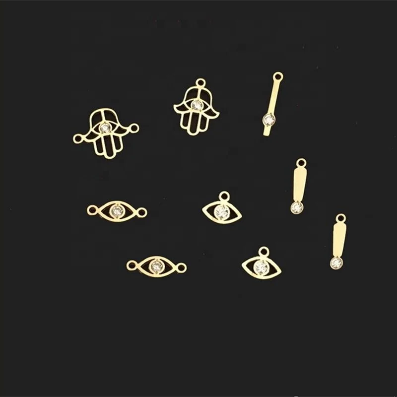 GP Hour Second hand Eye Shape Hamasa Hands CZ Stone Charms Connector 20ga Thick Wholesale 1/20 14K Yellow GF