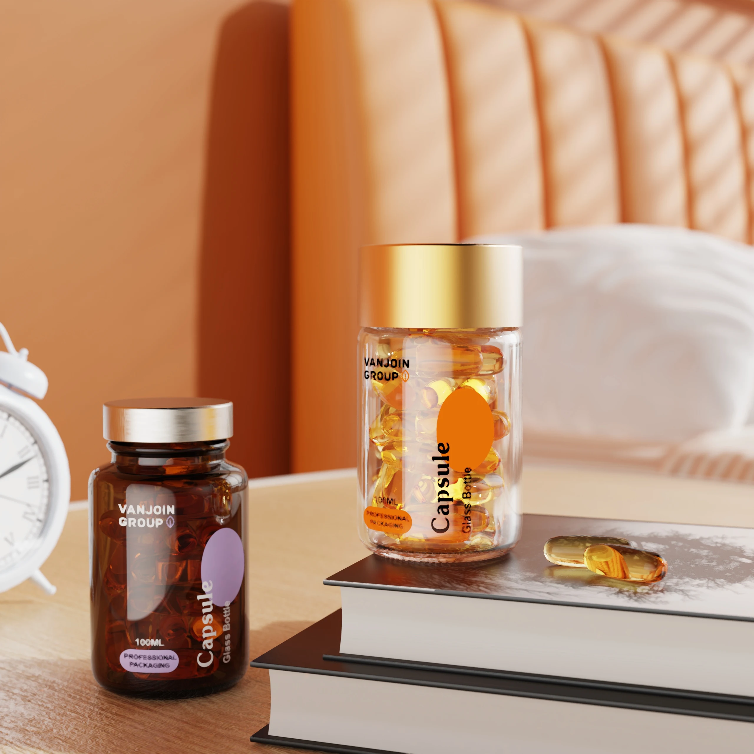 100ml Clear Amber Glass capsule bottle for vitamin D3 adult gummy wide mouth medical empty Bottle for nutritional supplements