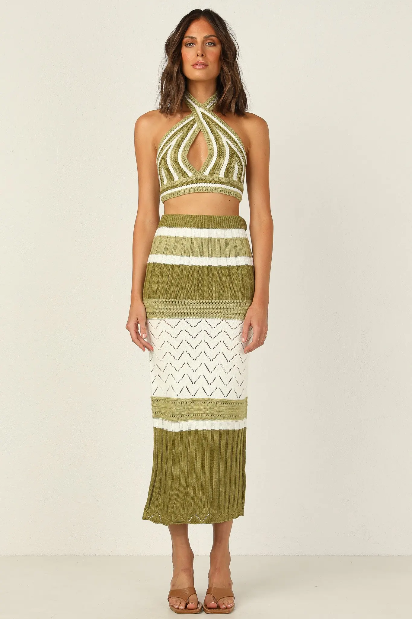 Summer Crochet Fabric Tie Open Back Cropped Halter Top and Pointelle Bodycon Midi Skirt 2 Piece Set