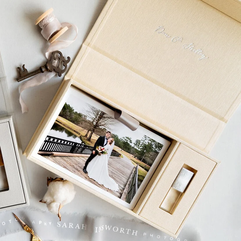 Custom Luxury Linen Wedding USB Gift Box Linen Cover Photo Album Photos and USB Photography Storage