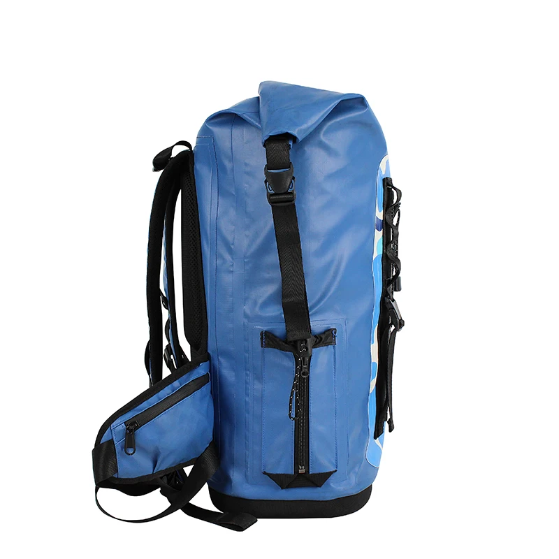 roll top closure blue waterproof tpu backpack hiking moutain dry bag backpack heavy duty with padded shoulder straps back