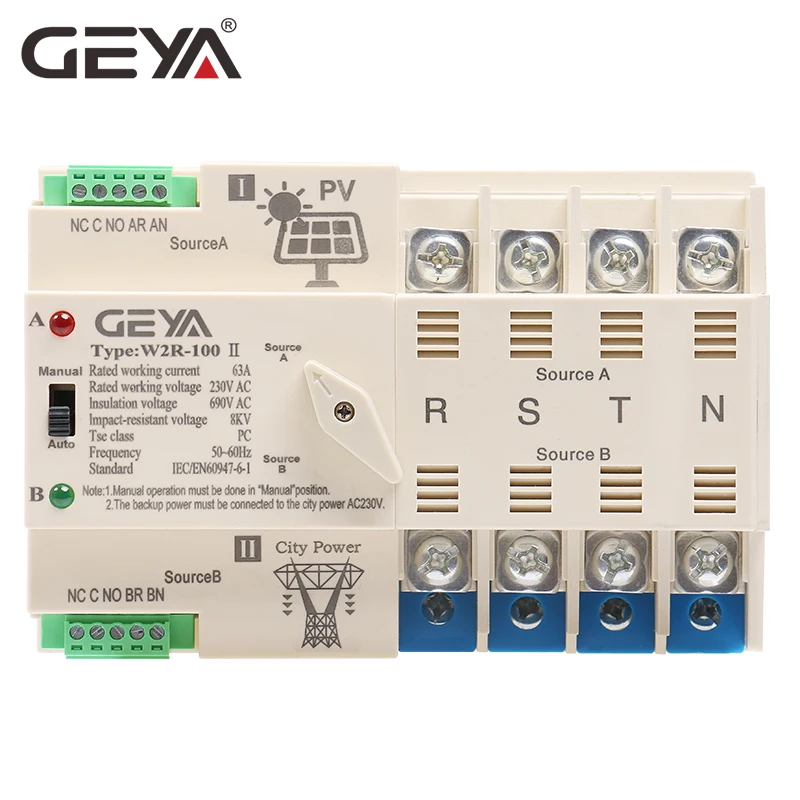 Автоматический переключатель GEYA 2P 3P 4P 63a 220 В ATS двойной