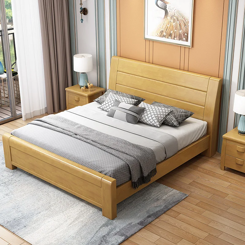 Solid wood bed 1.8m queen bed 1.5M double bed economical simple modern furniture master bedroom storage