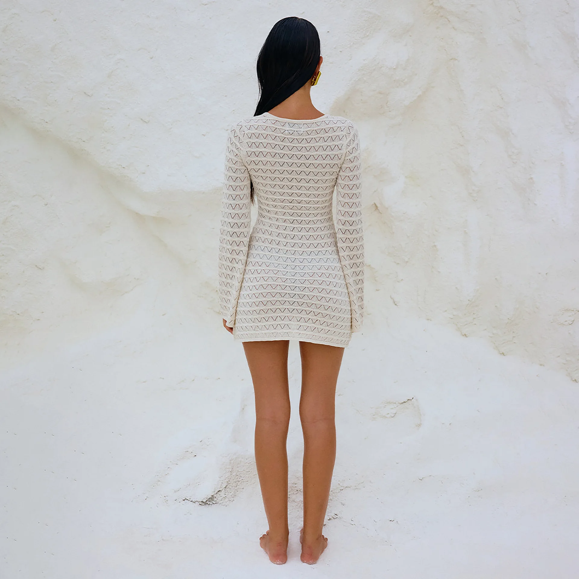 STOCK Long Sleeve Knitted Mini Dress Women Crochet Dress Swimwear Cover Ups Beach Tunic Caftan