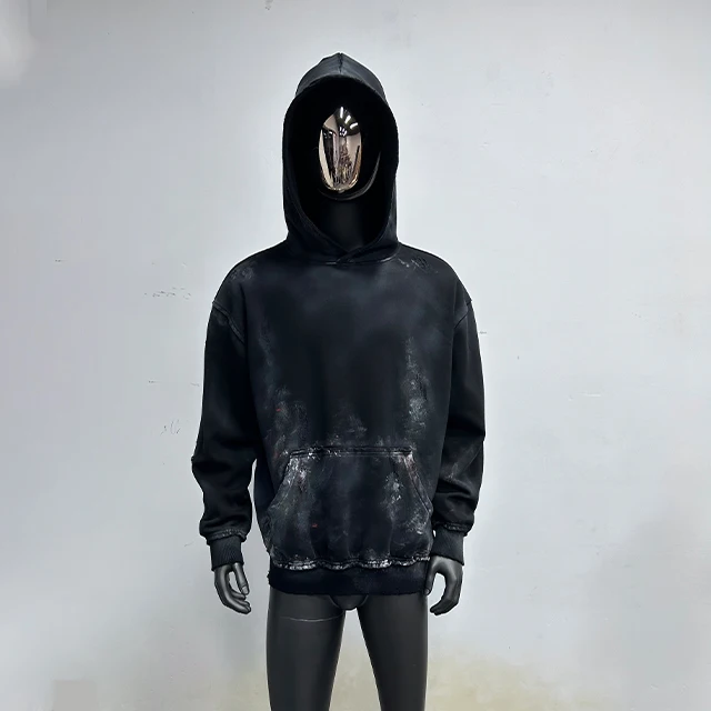 Custom logo 340g 100%cotton tie dye splash ink Acid Washed Hoodie heavyweight  blank Pullover Vintage distressed sweatshirts