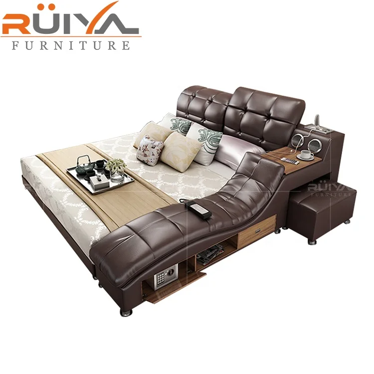 Modern Leather Fabric Bed with Storage Box Function Bedroom Furniture Set Chesterfield Style Multimedia Speaker USB Charger