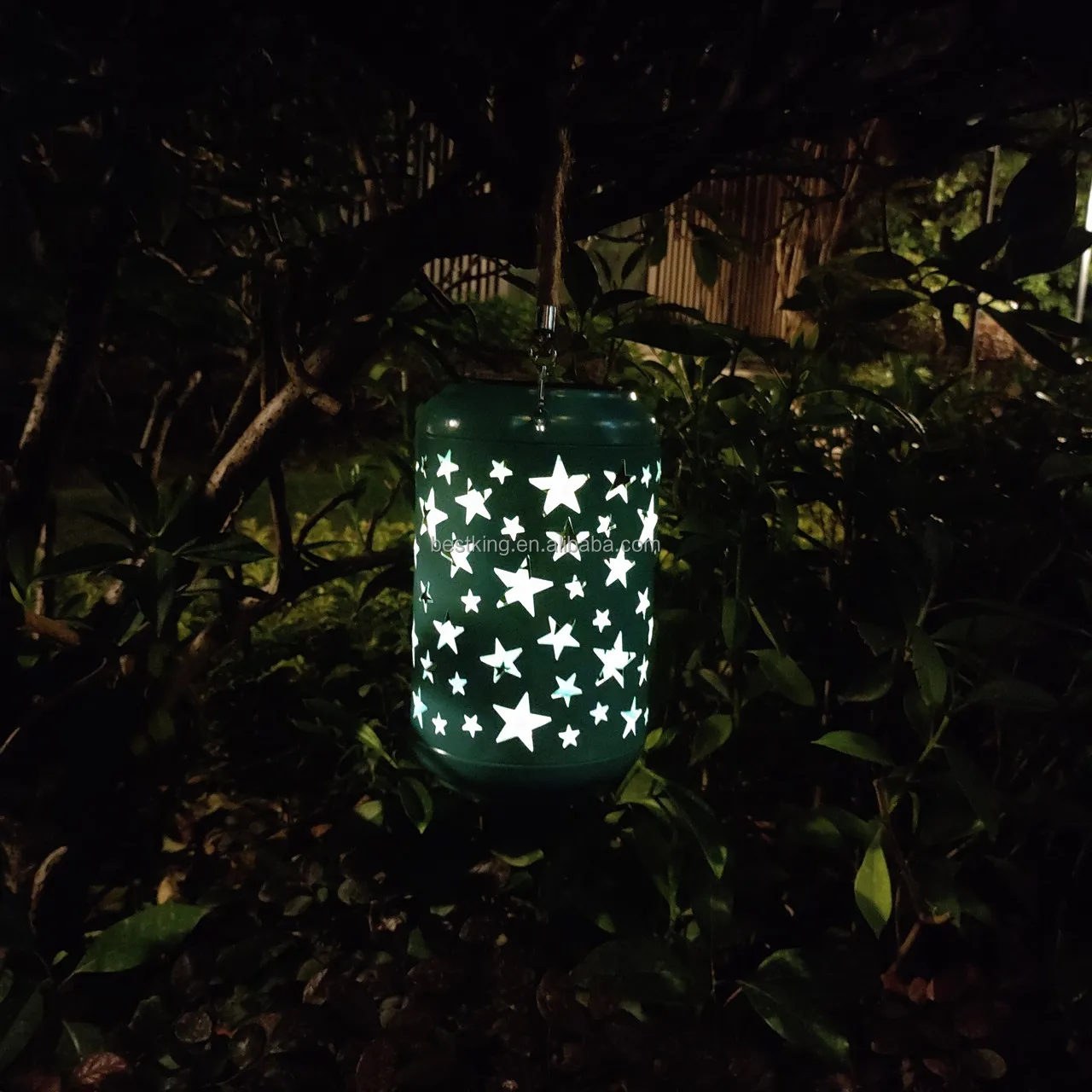 Waterproof outdoor solar powered metal five-star hollow lantern for yard garden festival decoration