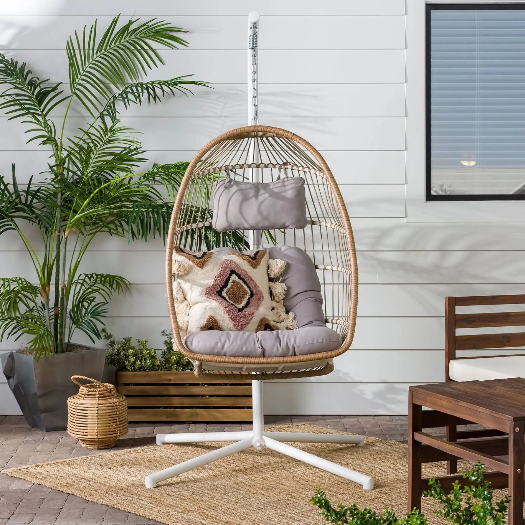 Outdoor Waterproof Indoor PE Plastic Wood Egg Swing Chair for Family Patio Balcony School Courtyard-Hanging Swing Furniture