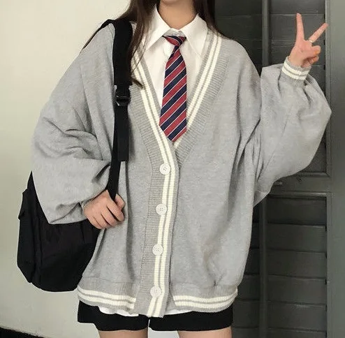 VSCOO custom fashion design long sleeve loose school uniform solid color deep v neck cardigan knit sweater