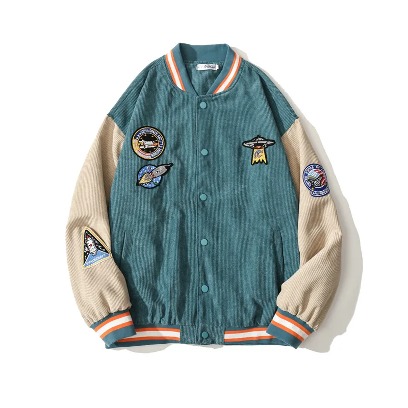 corduroy jacket men 2021 trend patchwork embroidered design color block sleeve unisex baseball men loose jacket