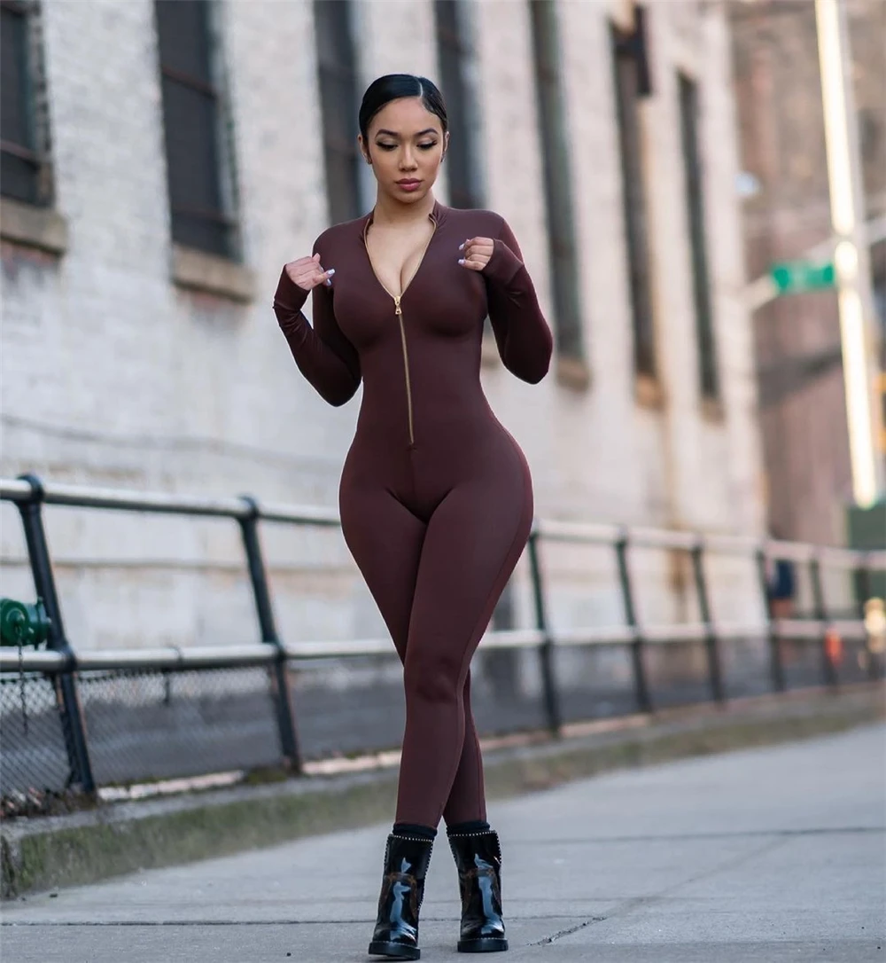 Casual Sexy Stretch Zipper Solid Bodycon Fall Jumpsuits For Sports Yoga Cloth Long Sleeve Jumpsuit Women