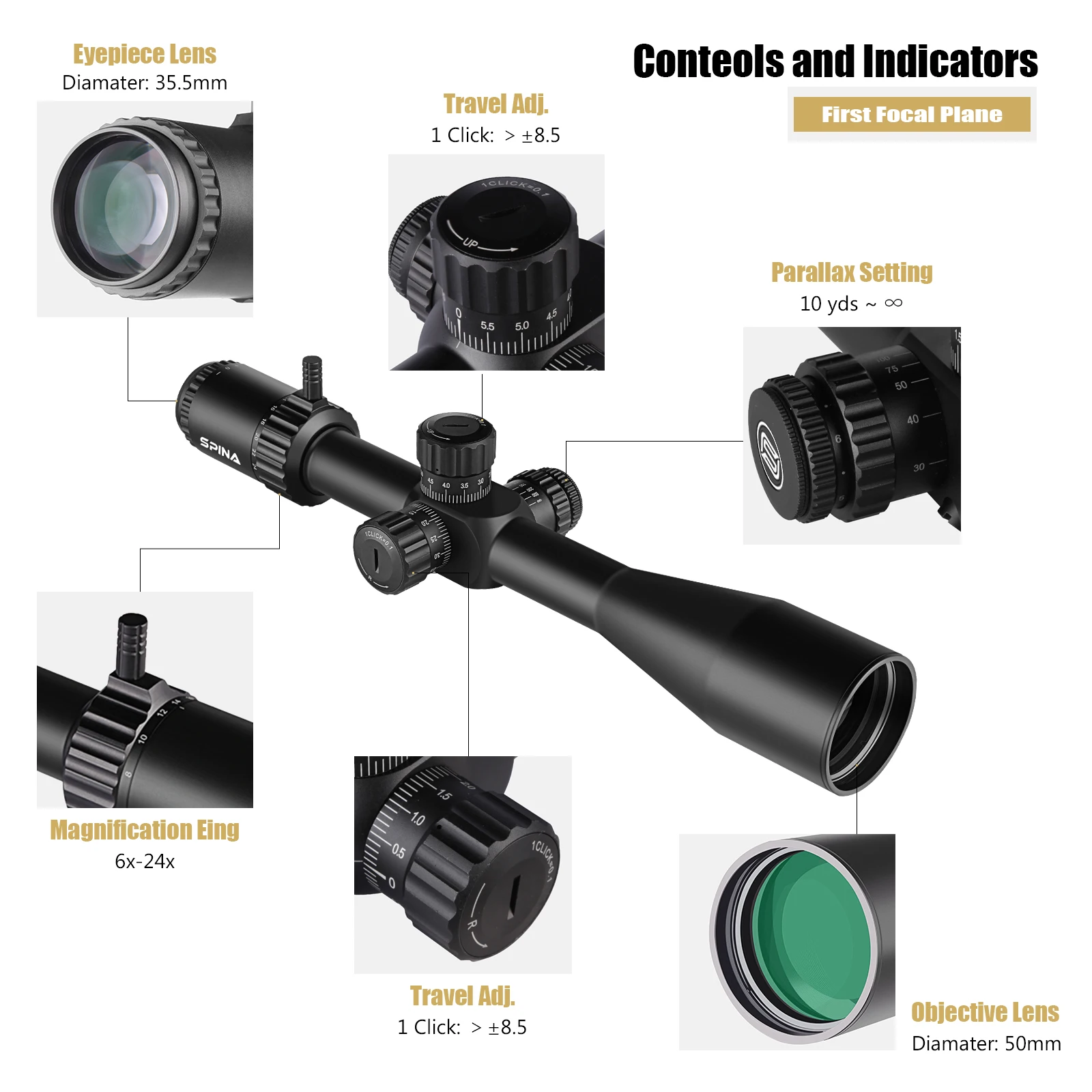 6-24x50 FFP IR OEM ODM Zero Stop Fully Multi-Coated Shockproof Waterproof Hunting Optical Scope Sight