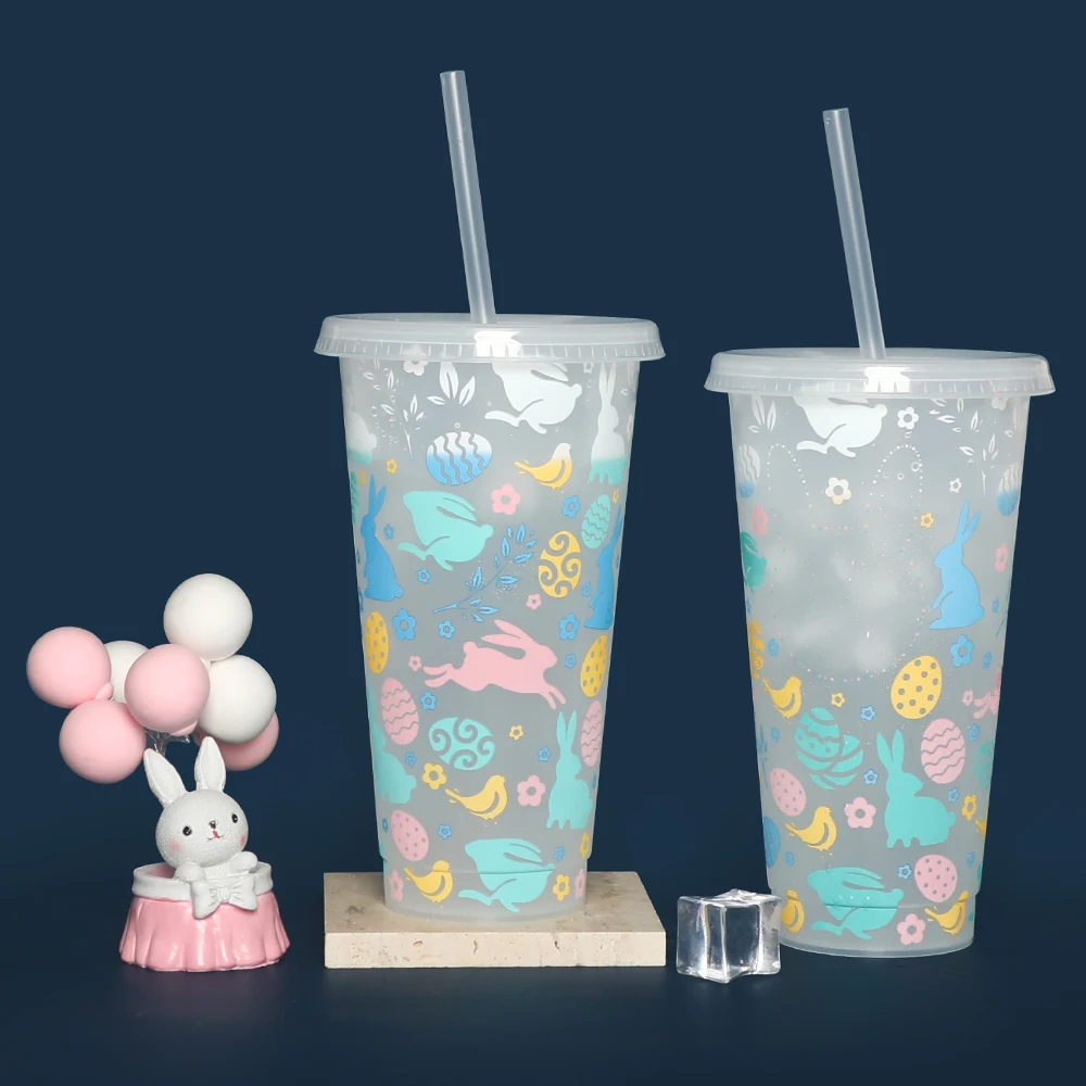 Easter cup plastic cold tumbler 24oz kids gift mug reusable color changing cups with lids straws for party