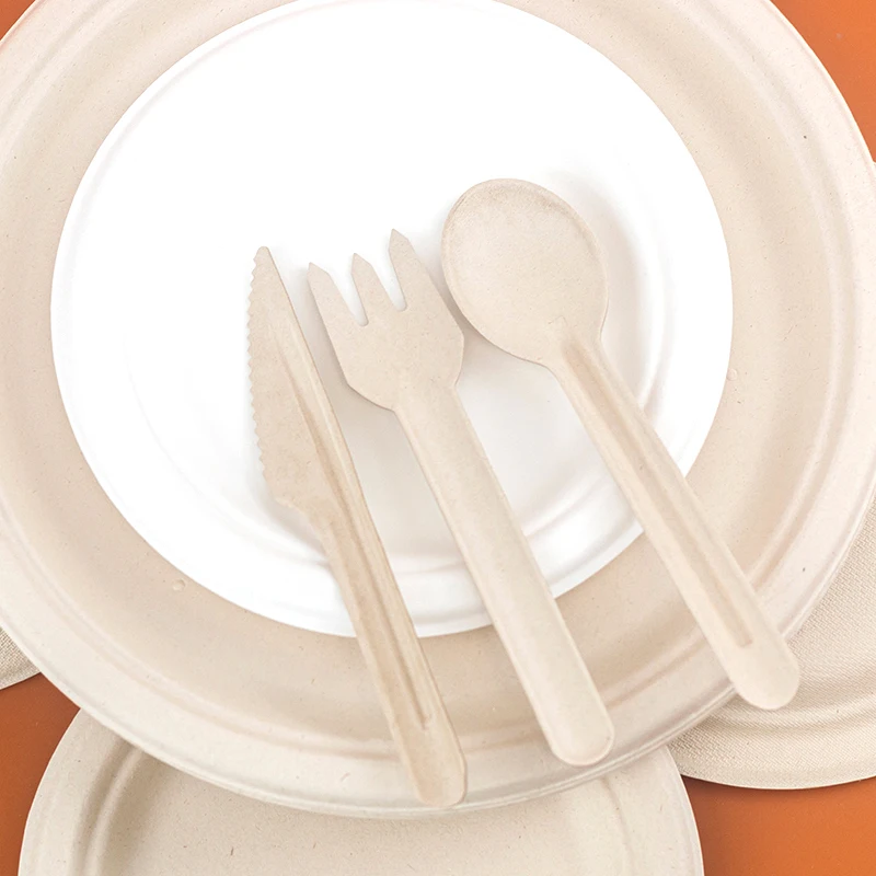 Custom Wholesale Travel Flatware Sets for Wedding Sugarcane Bagasse Disposable Biodegradable Eco Paper Pulp Compostable Cutlery