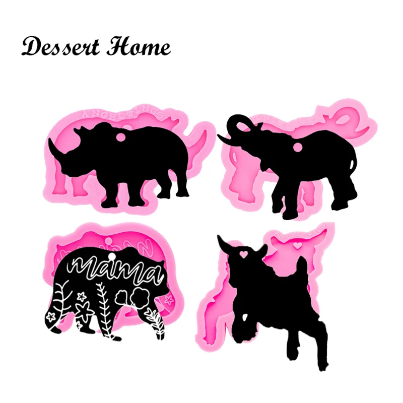 DY0477 Shiny Elephant/Goat/Bear/Rhinoceros Keychain Silicone Resin Epoxy Molds, Chocolate Fondant Sugarcraft Molds DIY Cake