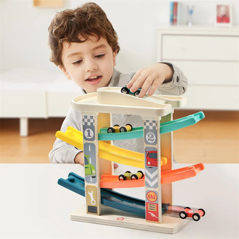 Topbright Educational Wooden Four-track Four Slide Trucks Track Racer kids racing track toy