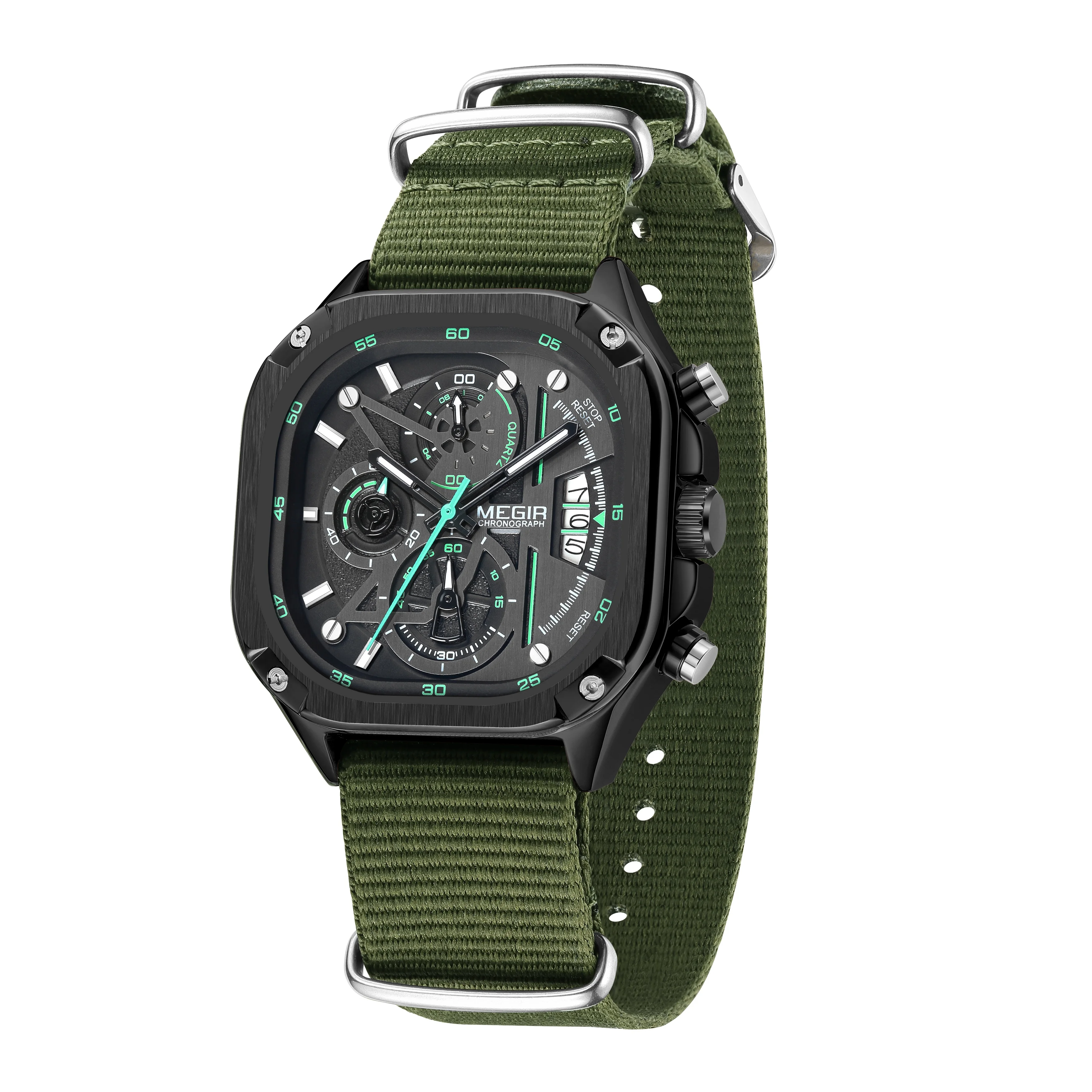 MEGIR 2217 Green Canvas Band Men Quartz Sports Watches Waterproof Man Clock Chronograph Luminous Hands Wristwatch for Men