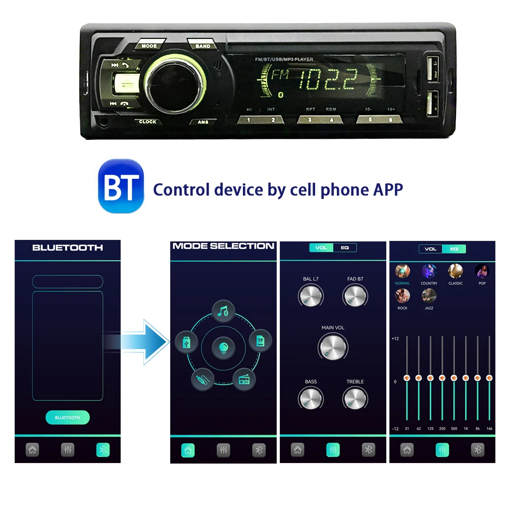 LCD 7388IC Car MP3 player with BT TF 7 colors 2USB support phone change 12V LCD 1din Car audio