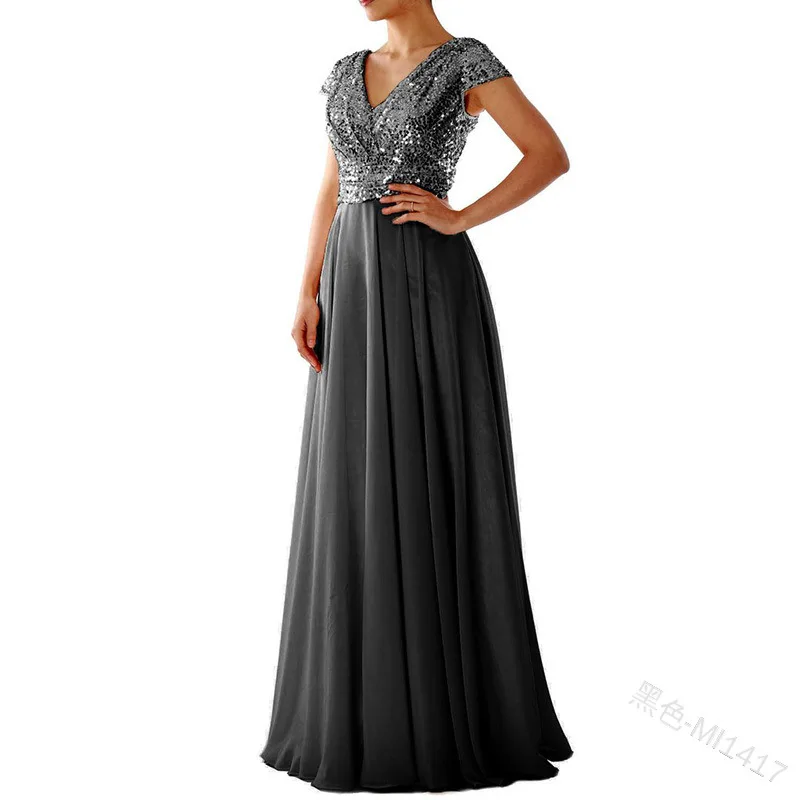 2022 New Style V Neck Chiffon Splicing Bridesmaid Long Sequin Evening Dresses
