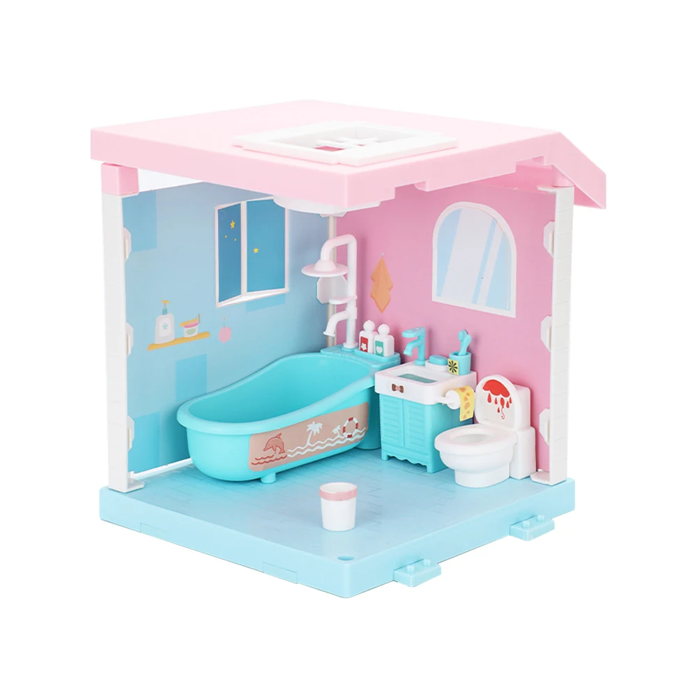 Crafts DIY Creative Bath Room Doll Houses With Lights Shine Scene Small Dolls Toy Tub Mini Furniture
