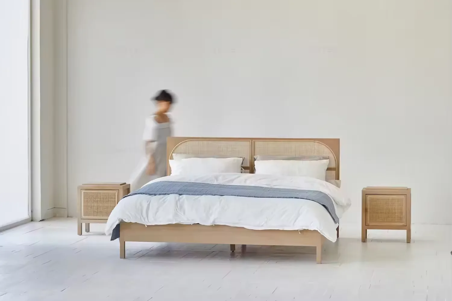 Modern Eco-Friendly Solid Oak Rattan boho Bedroom Furniture Wabi Sabi Style Wooden Bed and Sofa Bed for Home Use