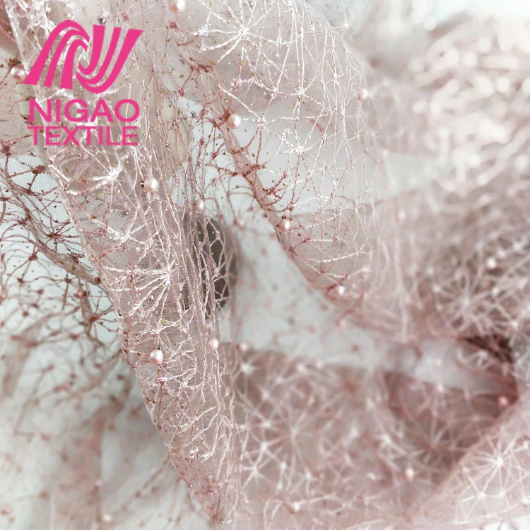 Custom pattern 3D beaded embroidered fabric glitter tulle mesh fabric lace fabric  for evening dress