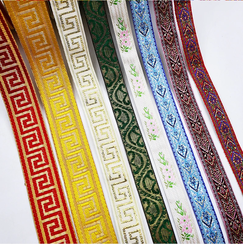 Chinese Folk Style White Double Face Satin Ribbon 100% Polyester Custom Logo Pattern Fabric Clothing Decoration Foil Gift
