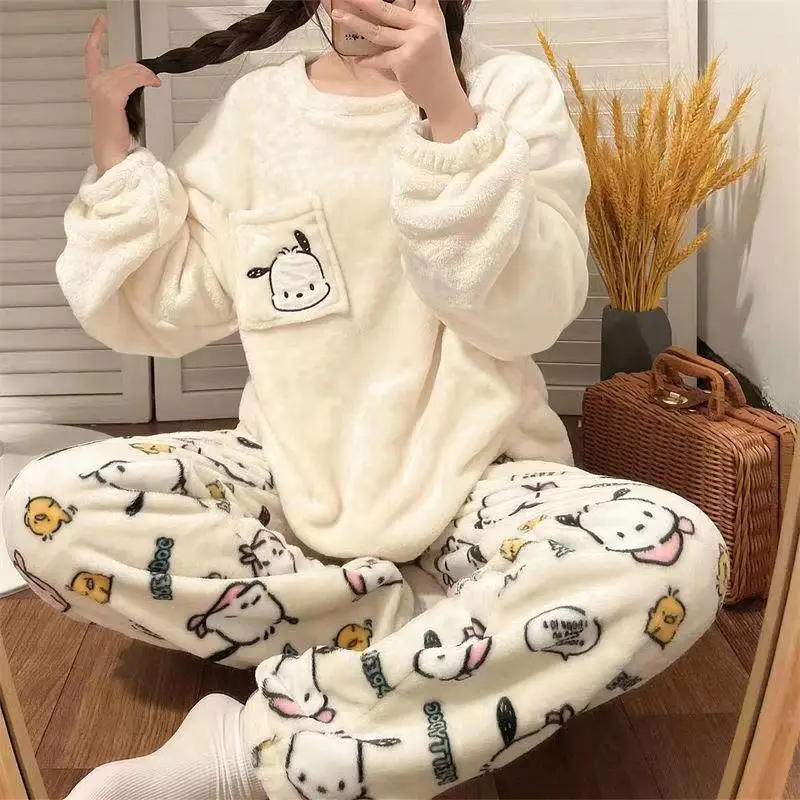 W-716 Sleeping Clothes set Long Sleeve O-neck soft cotton Women Pajamas Set Cartoon Women Girl Coral Velvet Warm Pajamas