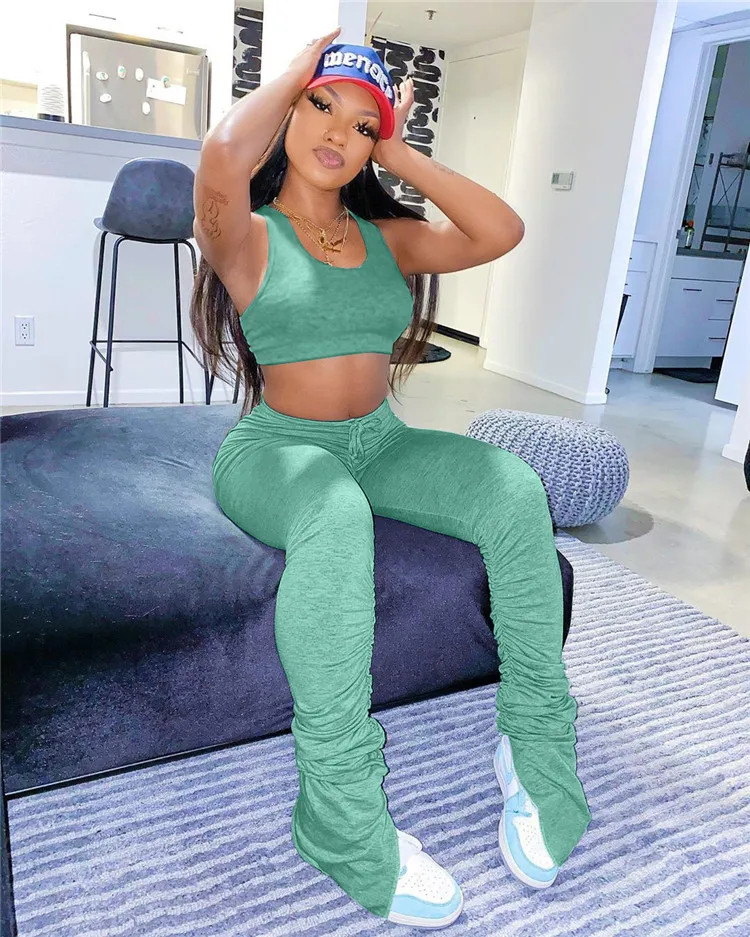 2020 Women Solid Color Yoga Slit Pants Joggers Sports Stacked Trousers Leggings Stacked For Women Two Piece Set