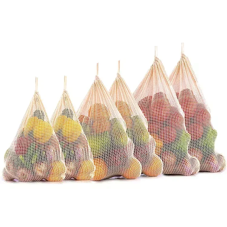 Hot sale reusable drawstring organic cotton produce mesh bag for vegetables