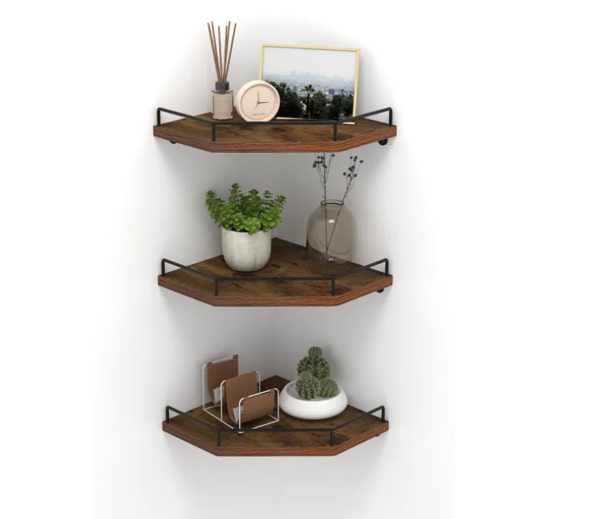 3 Pack Rustic Metal Brown Floating Wall Mount Storage Rack Room Corner Wood Shelf