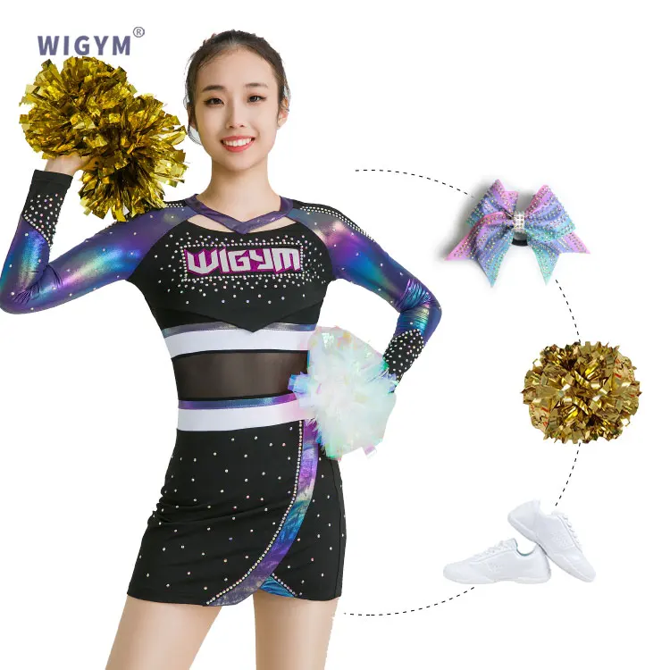 Hot selling custom youth factory prices cheerleading competition dance costumes rhinestone cheerleading uniforms cheerleading