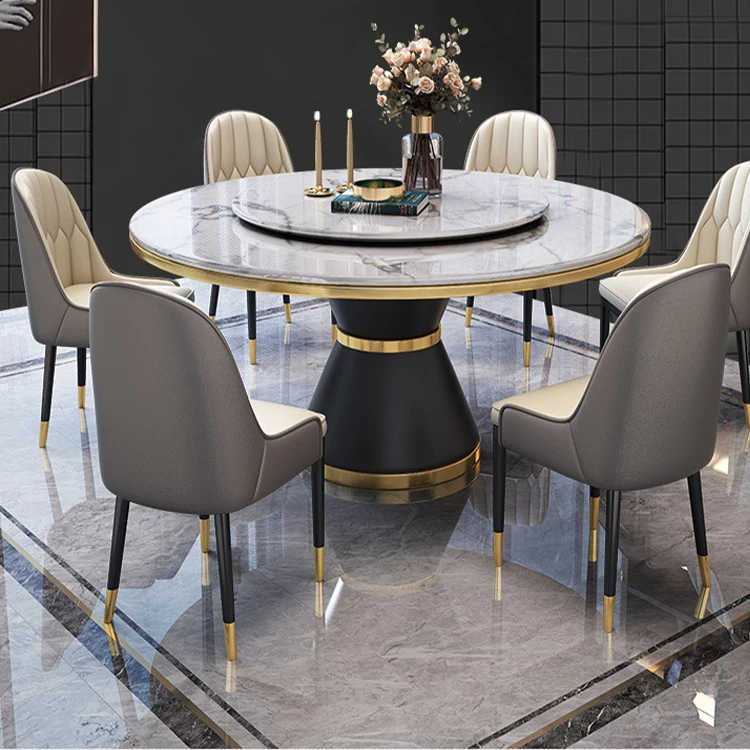 Italian design metal base two marble top rotating dining table set round dining table with rotating center for dining room