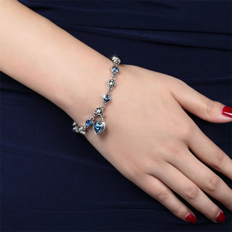 Hot Selling Heart Peach Crystal Bracelet Blue Love Heart Shaped Crystal Charm Link Bangle Bracelets For Women