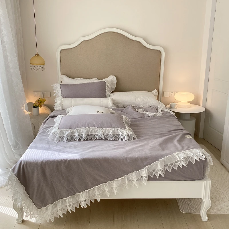 2021 Cotton Korean Flower Floral stone Washed Cotton 4-Piece Lace Quilt Set Fitted Sheet Bed Skirt Bedding Set