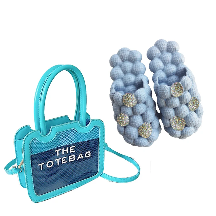 Wholesale New 2022 Custom Rhinestone Bubble Slides Green Black EVA Slippers and Fashion The Tote Bag Purse Set for Women