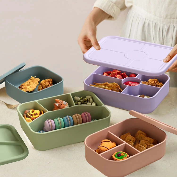 Custom Logo Eco Friendly Microwave Heating Lunchbox Kids School Student Silicone Bento Lunch Box With Lids