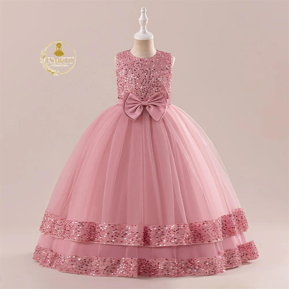 FSMKTZ Kids Boutique Sequins Ball Gown for Girls 12 Years Flower Girls Dress Wedding Frock Princess Children Big Girls Dress