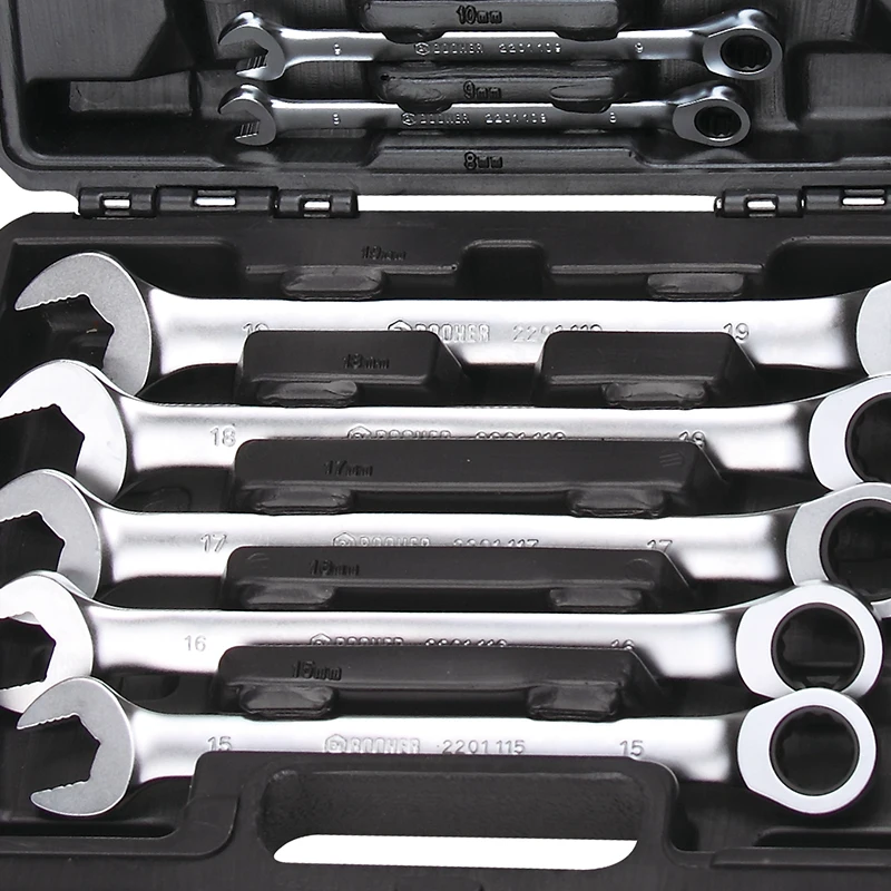 Durable plastic box packaging of 9pcs Chrome Vanadium ANSI standard Ratchet Ring 12pcs Set  & Open end wrench