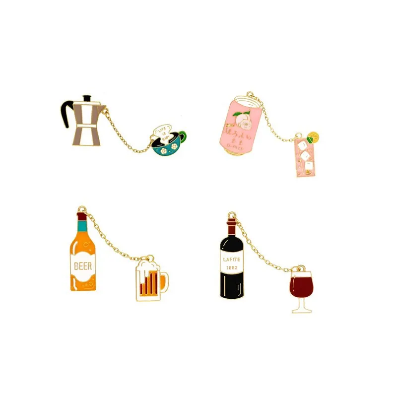 Fashion Creative red wine With Glass Badge Manufacturer Cheap Custom Metal Lapel Pin Badge With chains