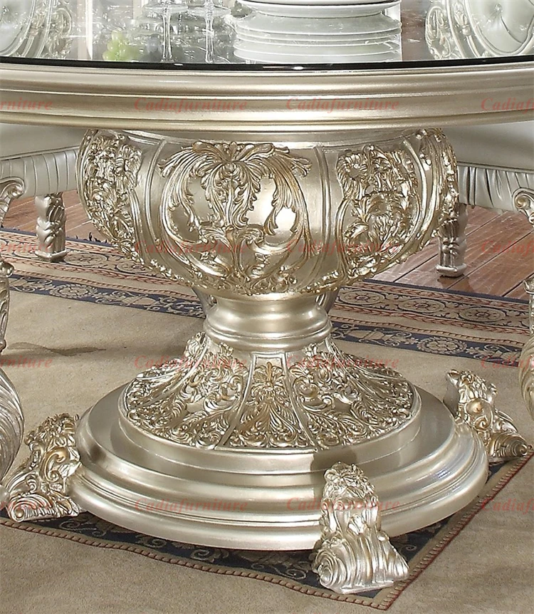 Wooden Design Round Dining Table with 4 Solid Wood Carved Leather Chairs American Luxury Room