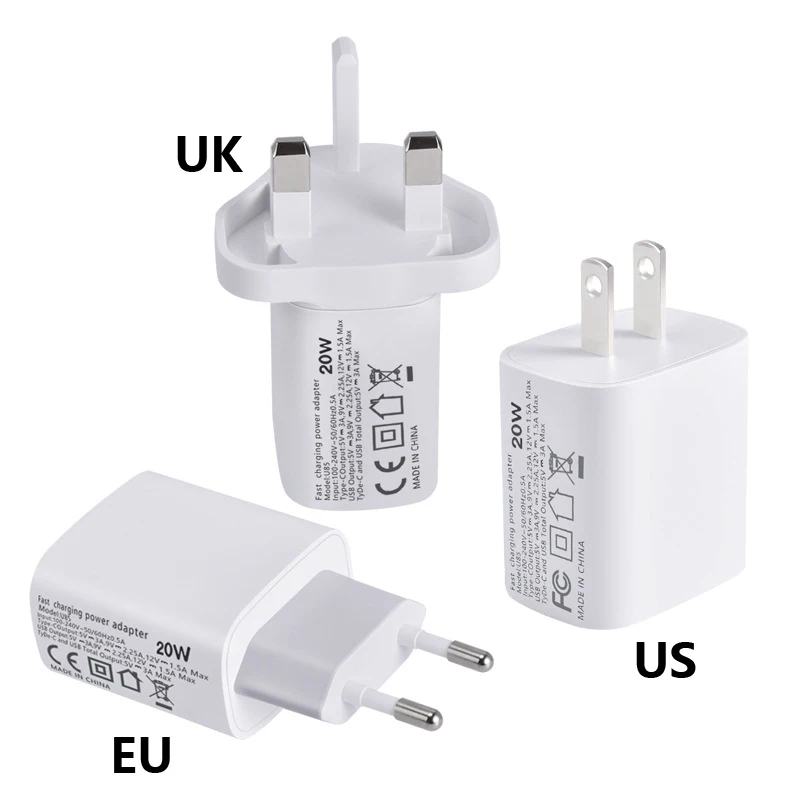 Зарядное устройство 50 шт./лот PD20W, Европейское регулирование A + C, быстрая зарядка, двустороннее зарядное устройство PD, зарядная головка PD