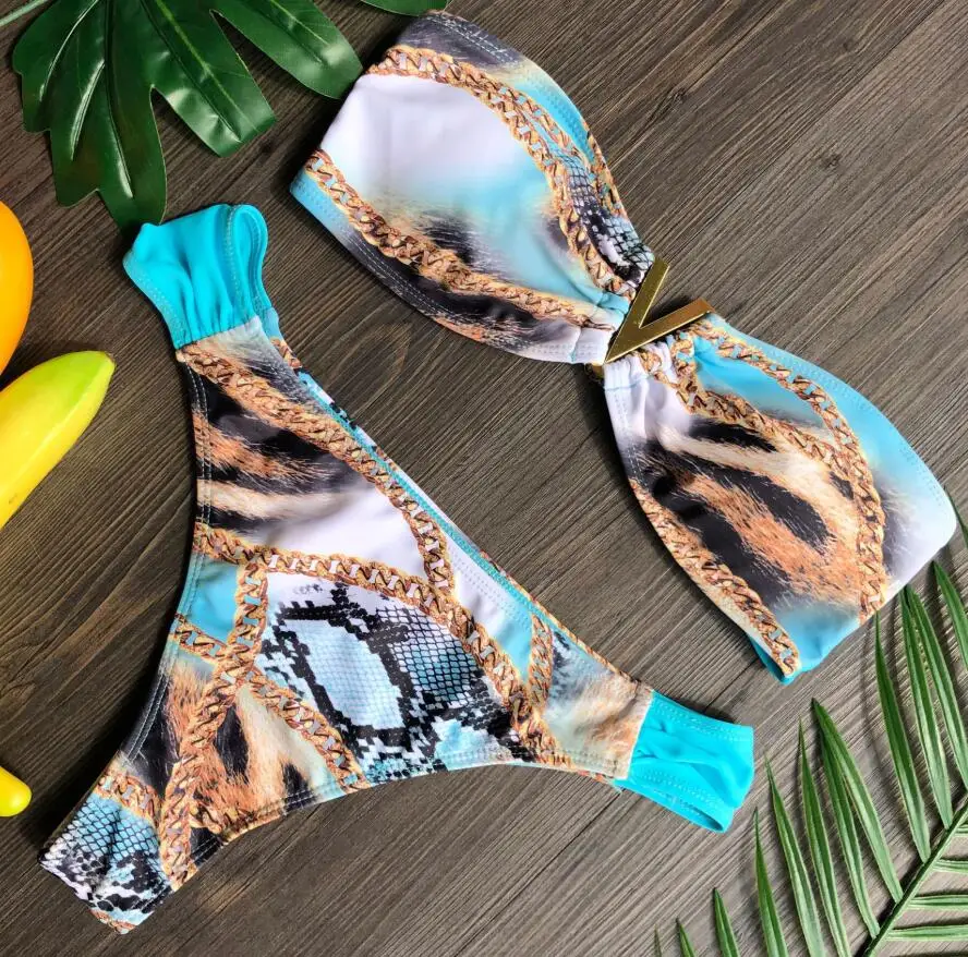 STOCK Custom Print Swimwear Bandeau Strapless V-SHAPE Sexi Lady Brazilian Bikini