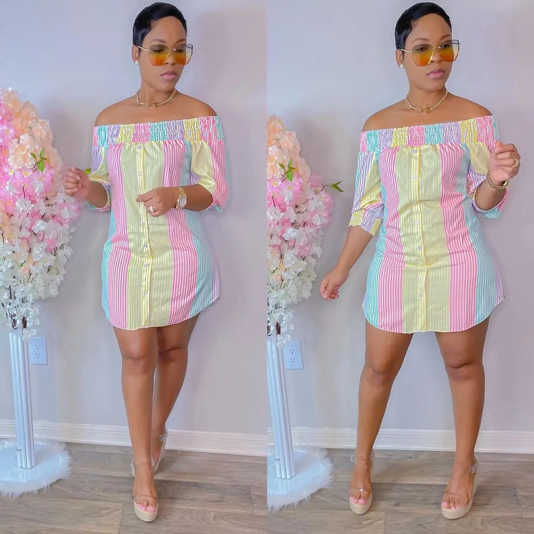 2022 Summer Casual Clothings Women Striped Print Contrast Color Off Shoulder Short Sleeve Summer Dress