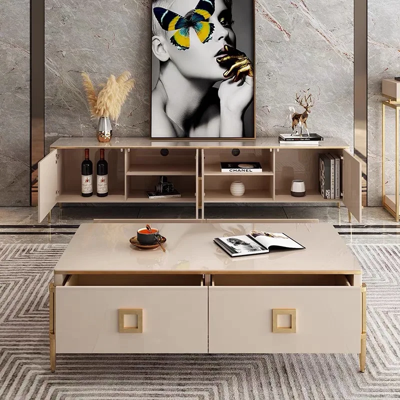 Luxury Style Living Room Furniture Simple TV Table Hotel Central Table Tempered Glass Cabinet With Gold Stainless Steel